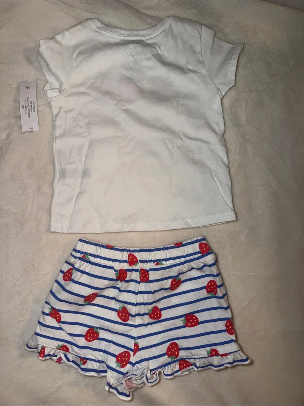 🍓White Strawberry Tee & Blue Striped Shorts Set🍓
